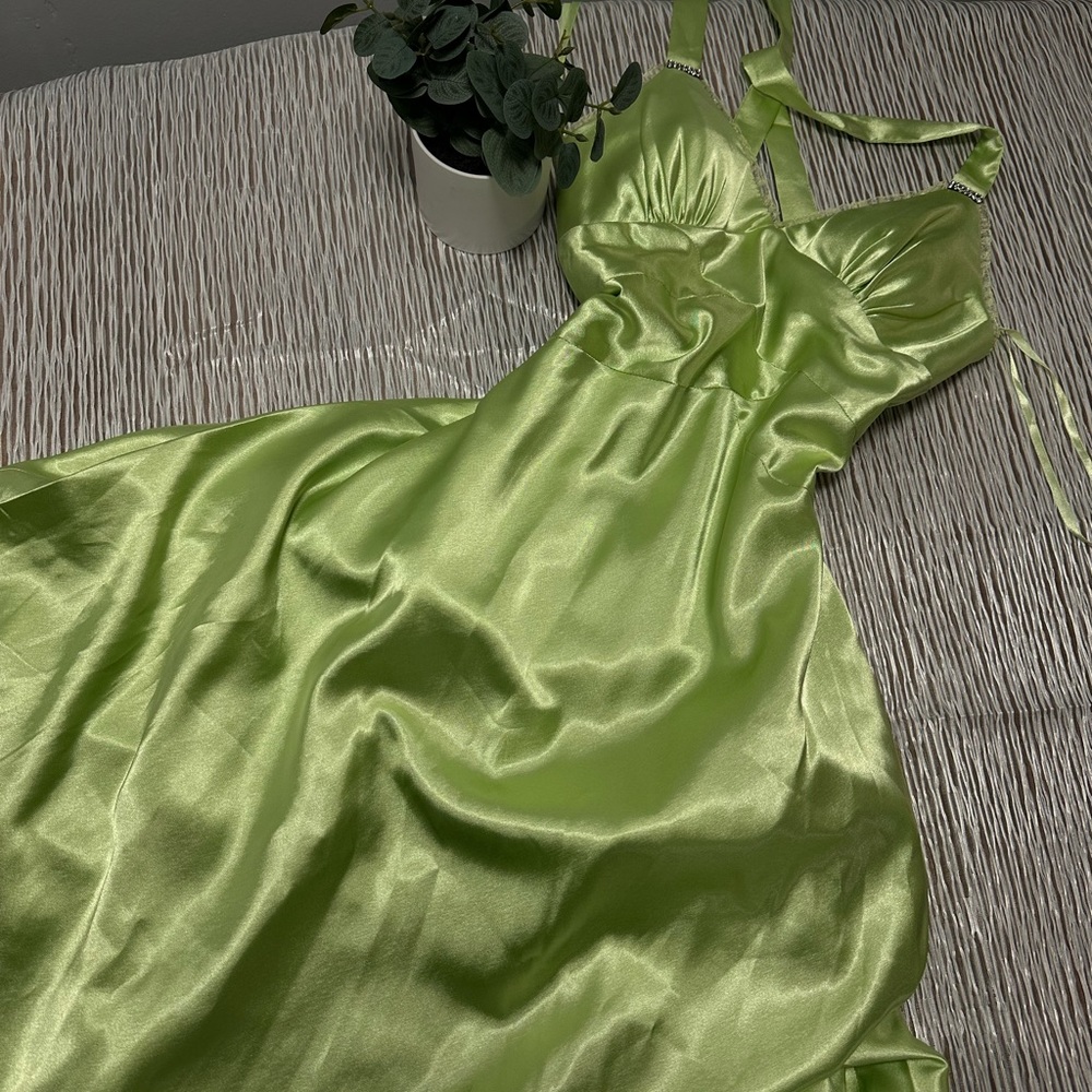 Light Green silk Dress with Long tail from the back Size 10
 (X-Back Dress).